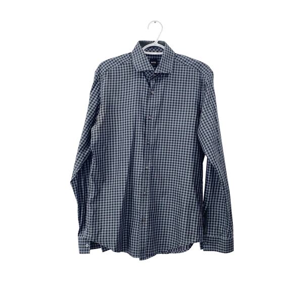 Hugo Boss Men's Slim Fit Checkered Dress Shirt Blue Gray Gingham Long Sleeve M - Picture 1 of 11